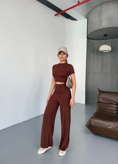Osy Modal Yumuşak Dokulu Kumaş Kısa Kollu Crop Rahat Pantalon Ikili Takım - Kahverengi resmi